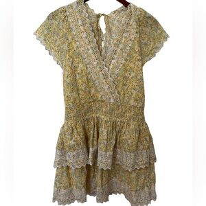 American Eagle Large Yellow Floral Lace Ruffle Short Sleeve Dress